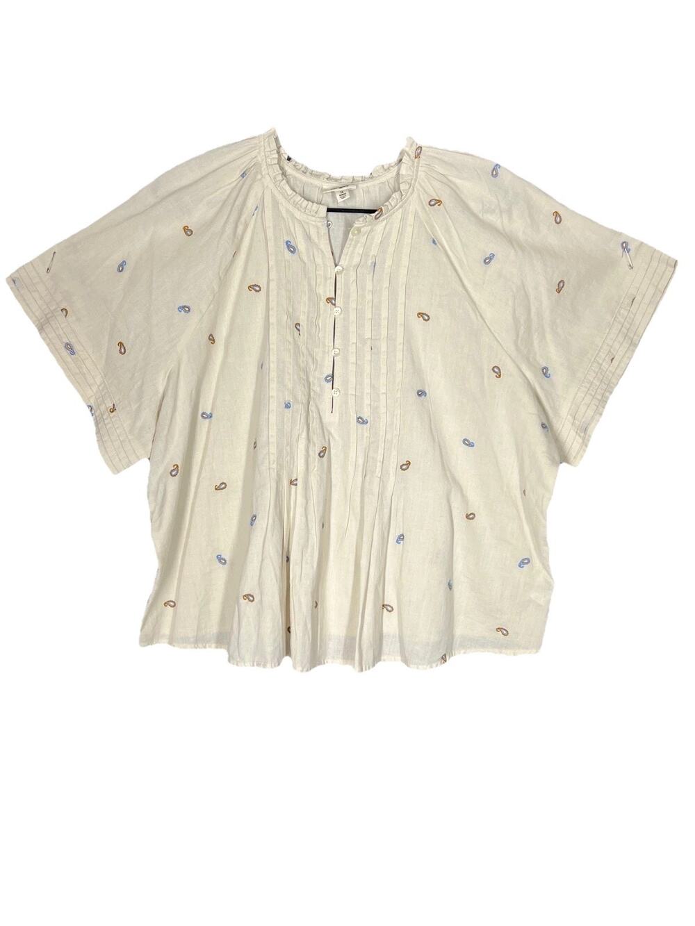 Ana Blouse Top Womens 1X Cream Embroidered Paisley Ruffled Pintuck Peasant Boho